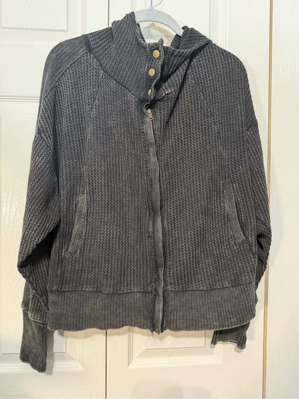 Zenana Waffle-Knit Hooded Zip Jacket - Charcoal